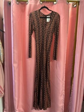 Long-Sleeve Snake-Print Maxi Dress in Brown- size 14